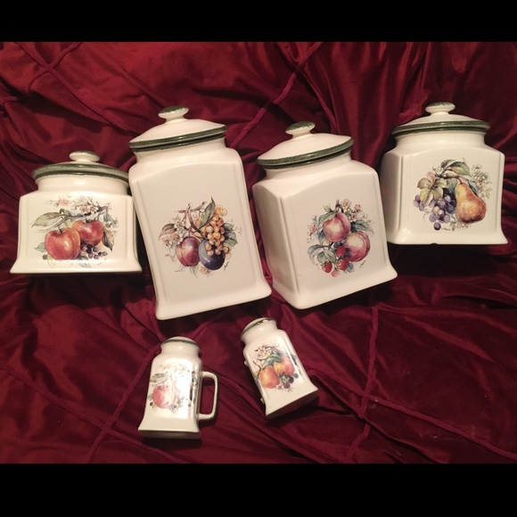 Vintage Square Apple Pear Fruit Illustrations Kitchen Canisters Set of 4 plus sp